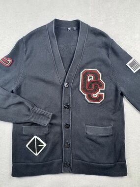 Opening Ceremony OC Torch Varsity Cardigan Sweater Black Embroidered Patch Large